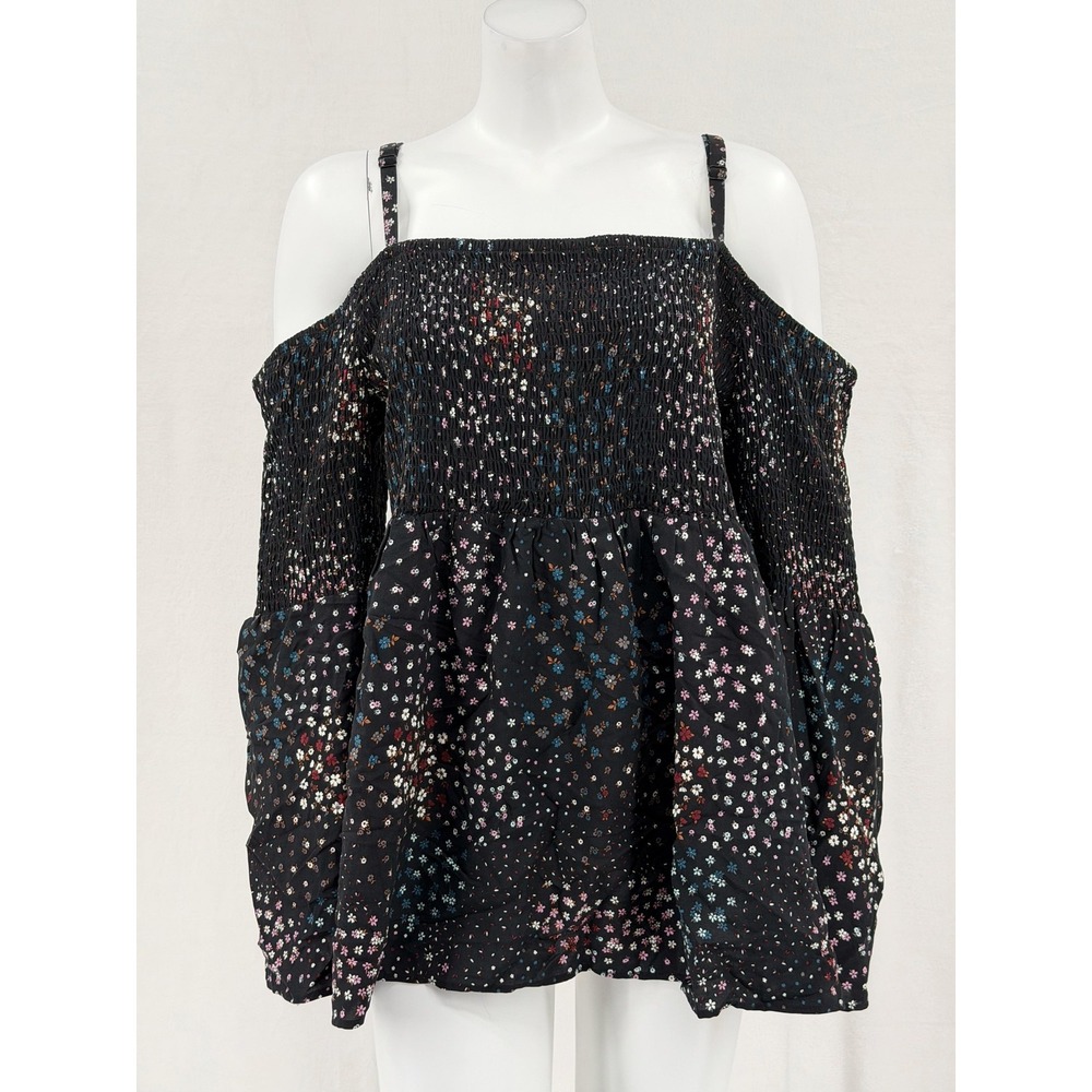 Torrid‎ Top Womens 3X Black Floral Smocked Cold Shoulder Peasant Boho Festival